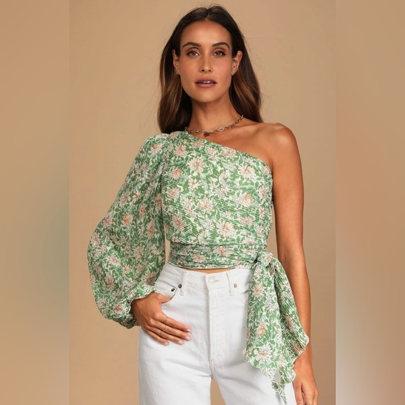 Lulus Tops - Lulus Grow Toward Love Green Floral Pleated One-Shoulder, ABSOLUTELY GORGEOUS